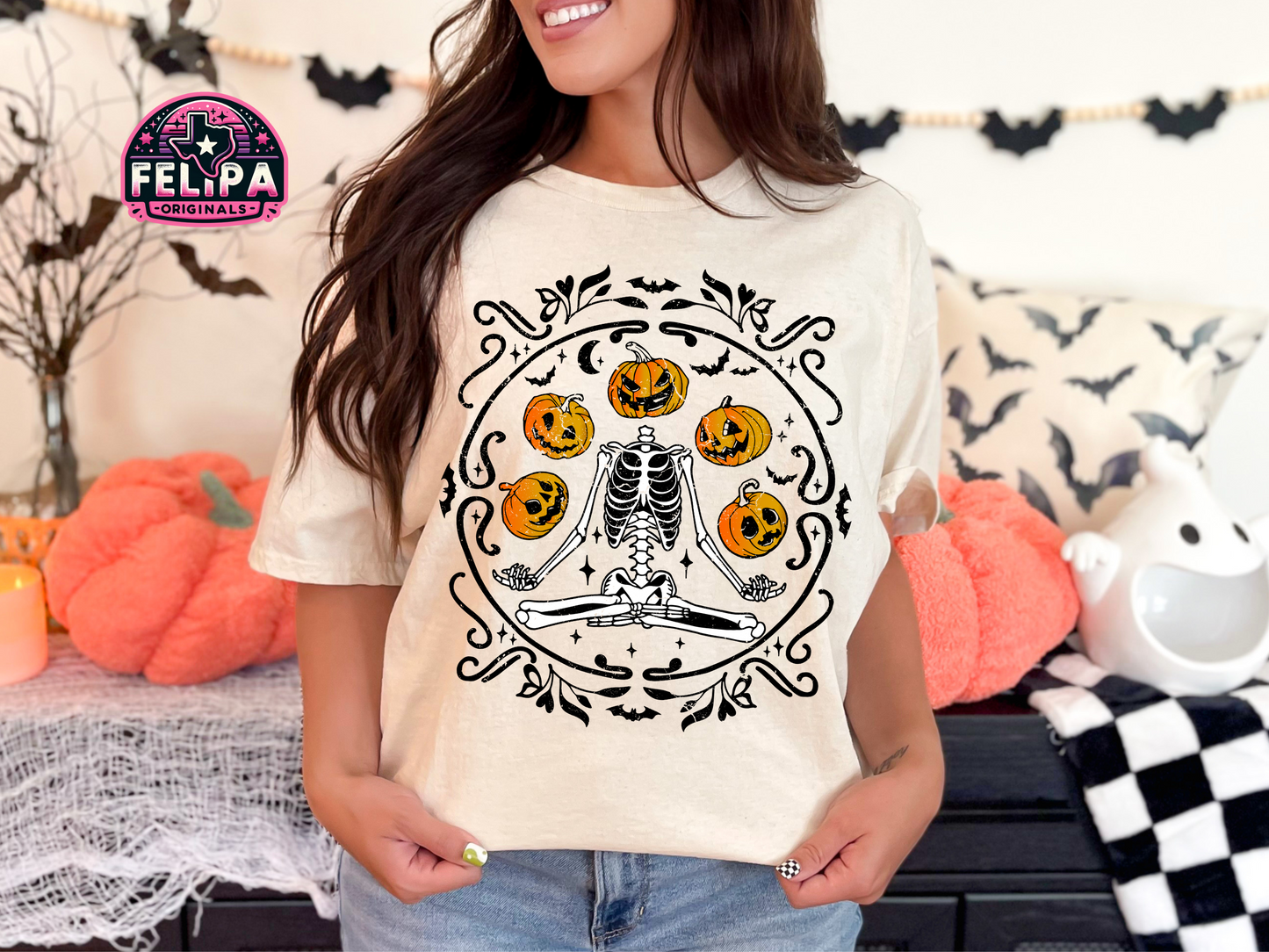 Yoga Skeleton and Pumpkins Halloween T-Shirt