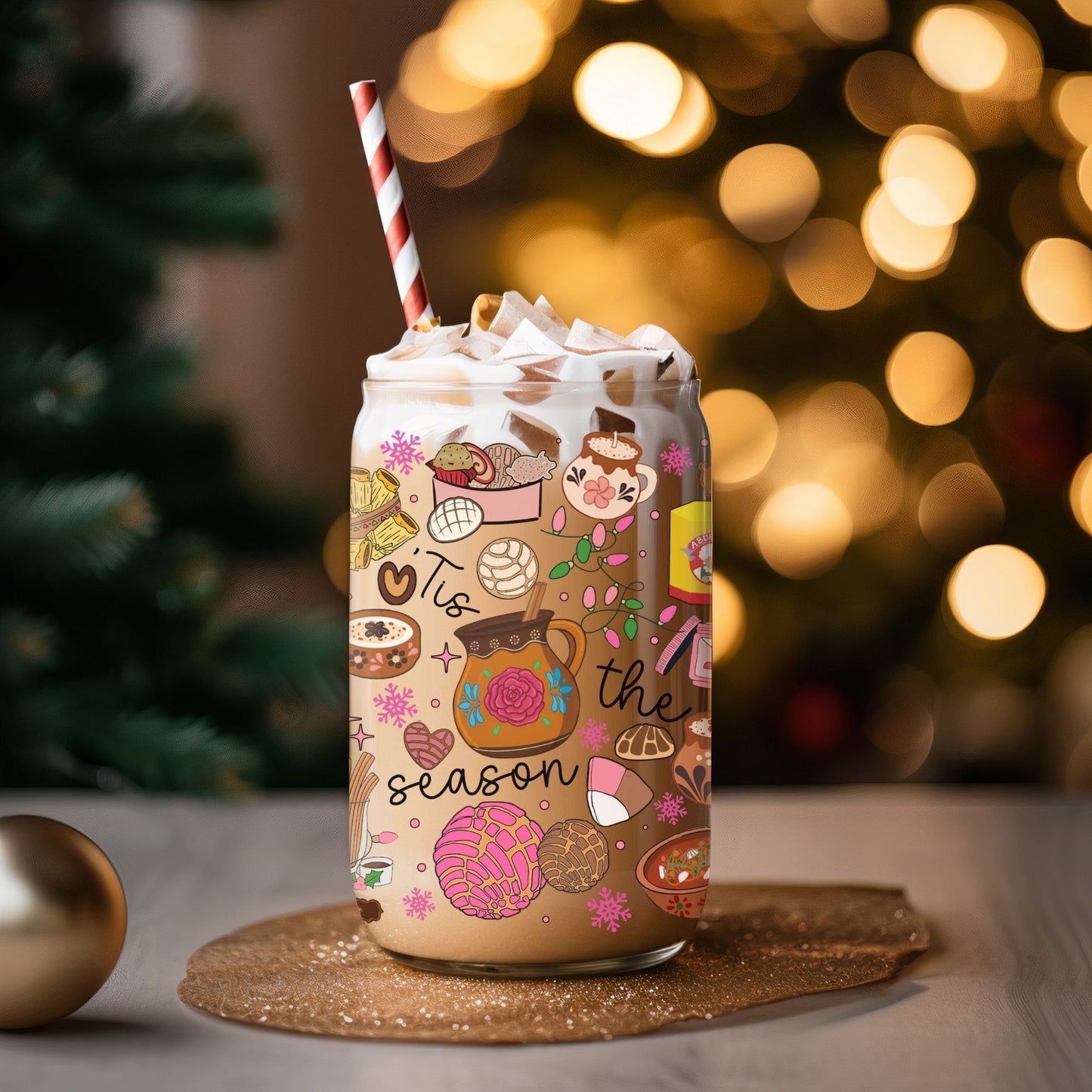 Mexican Winter Traditions: 16oz Clear Glass Can Tumbler with Bamboo Lid