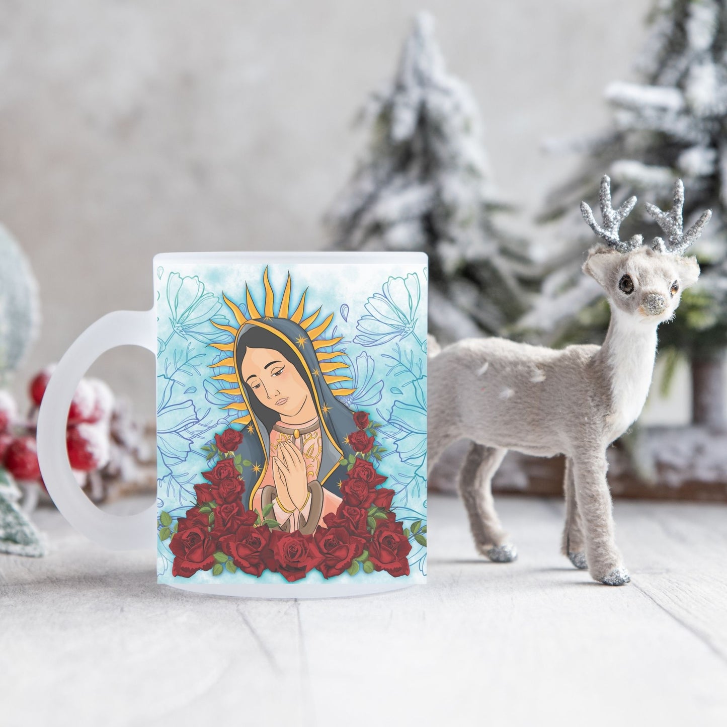 Nuestra Señora de Guadalupe Glass Mug 17oz with Bamboo Lid & Straw - Día de la Virgen de Guadalupe 12 de Diciembre