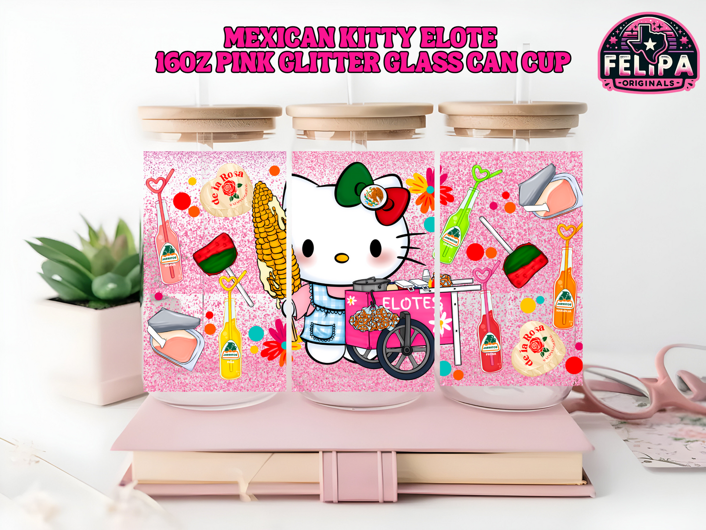 Mexican Kitty Elote 16oz Pink Glitter Glass Cup