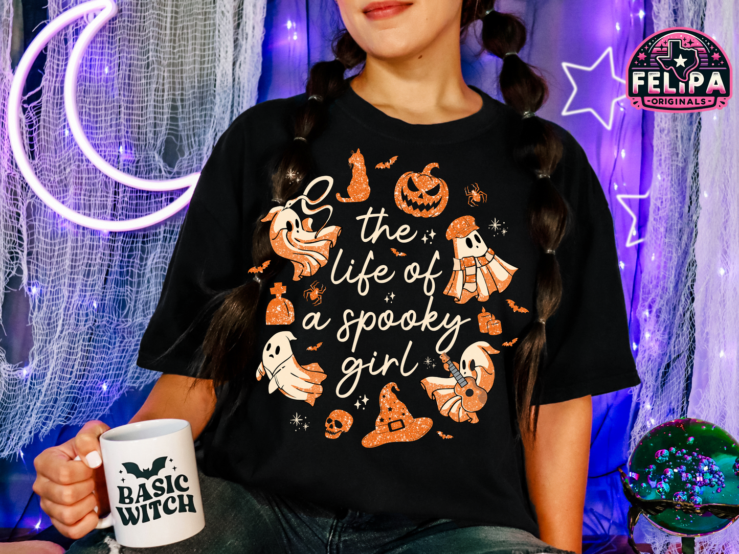 The Life of a Spooky Girl Tee – Orange Halloween Ghosts on Black Gildan Shirt