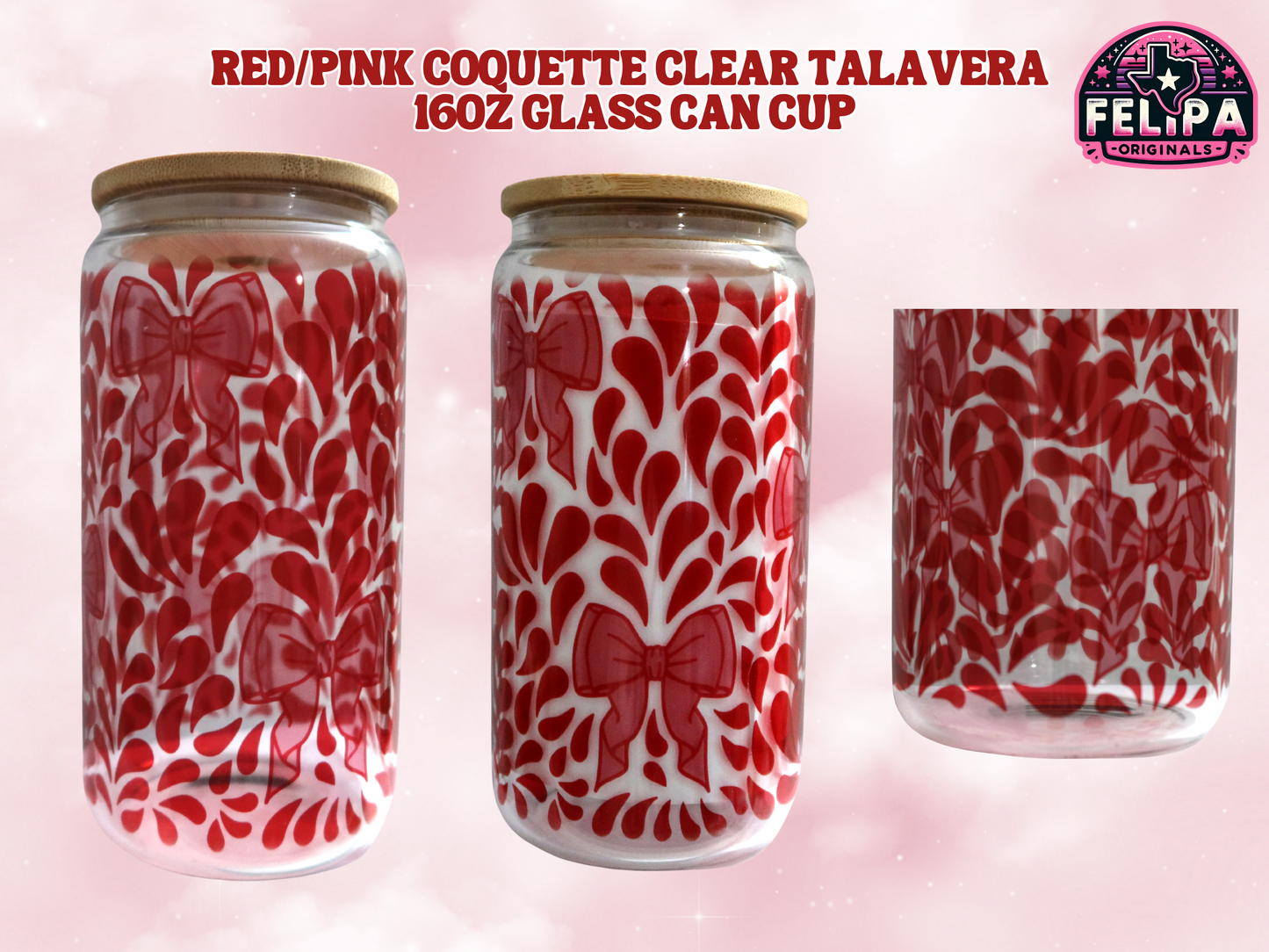 Red/Pink Coquette Talavera 16oz Glass Cup