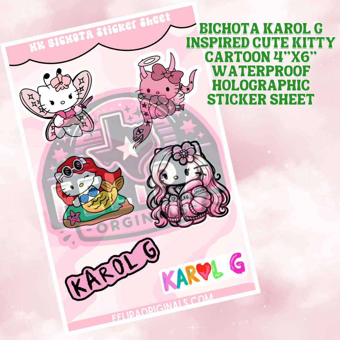 Bichota Karol G Inspired Cute Kitty Cartoon 4"x6" Waterproof Holographic Sticker Sheet