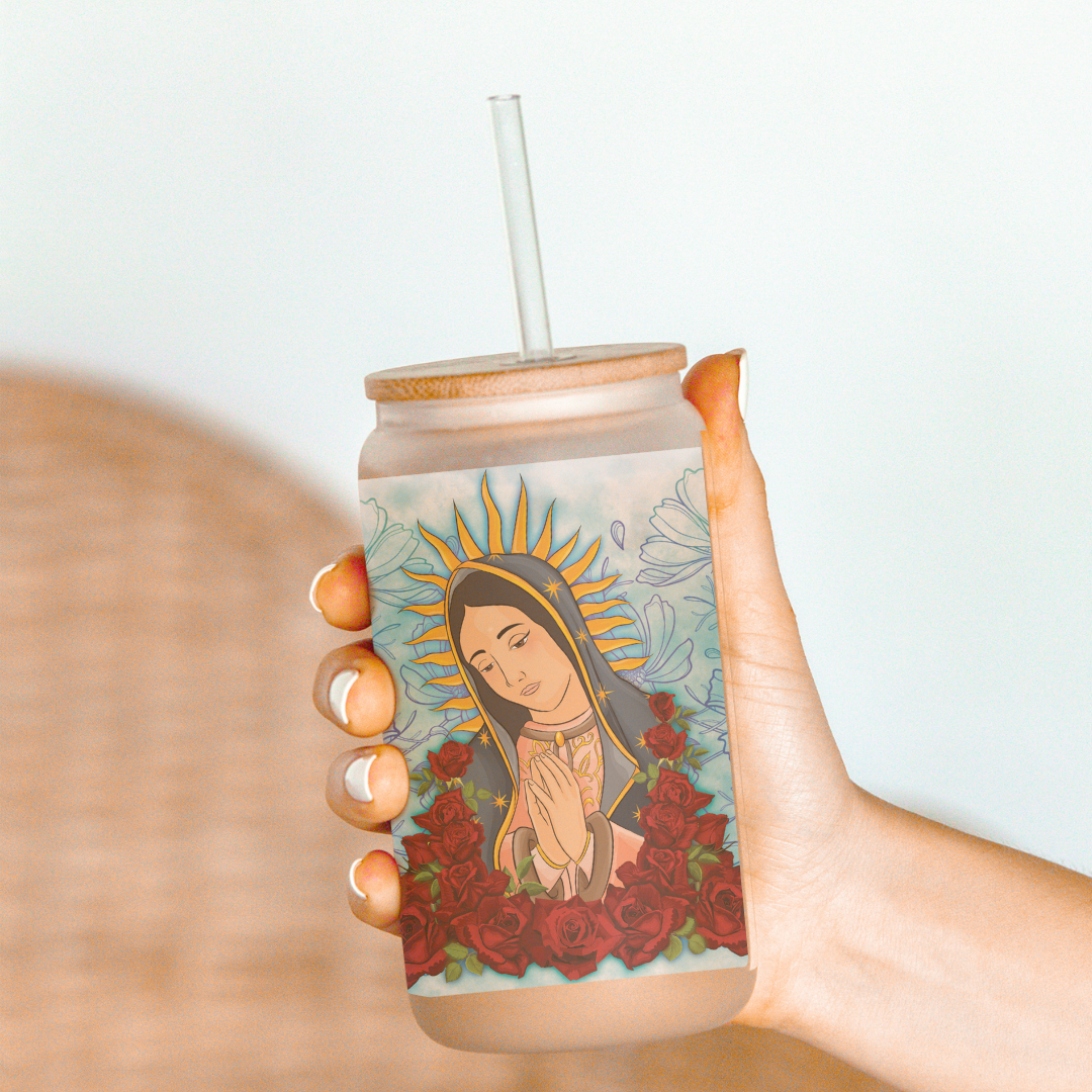 Nuestra Señora de Guadalupe Glass Cup 16oz Tumbler with Bamboo Lid & Straw - Día de la Virgen de Guadalupe 12 de Diciembre