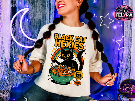 Black Cat Hexies Halloween Cereal Tee on Comfort Colors