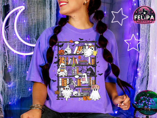 Ghost Library Bookshelf Tee – Cozy Fall Ghosties on Comfort Colors
