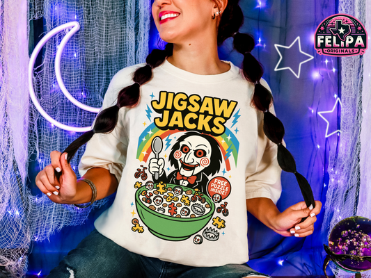 Jigsaw Jacks Horror Cereal Tee – Creepy Cute Puzzle Style on Comfort Colors