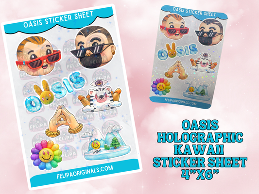 OASIS Kawaii Sticker Sheet (4”×6”) – Waterproof Holographic Vinyl | Album-Inspired Art