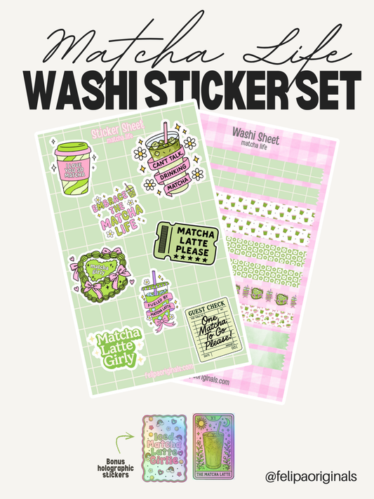 Matcha Life Washi Sticker Sheet Set – Aesthetic Matcha Planner Kit (Hobonici, Midori, etc)
