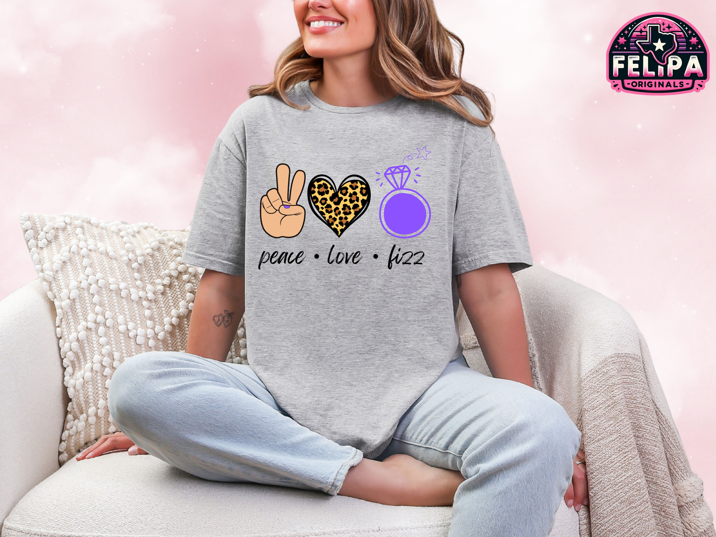 Peace • Love • Fizz Tee – Bomb Party Rep Graphic Shirt with Leopard Heart & Ring Bomb